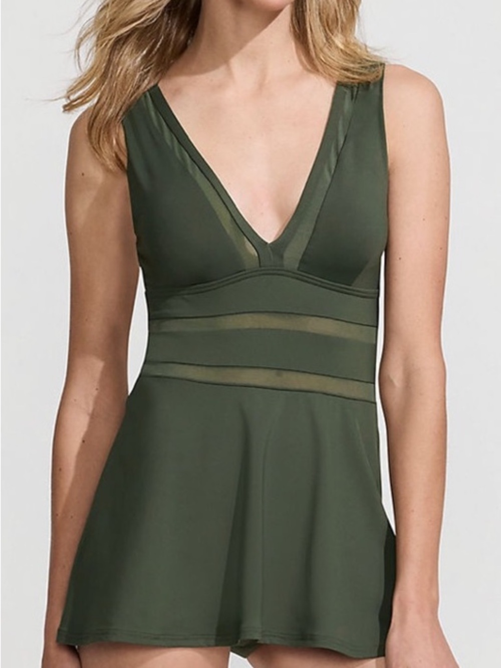 Lands' End Rich Olive Green Mesh V-Neck One-Piece Swimdress